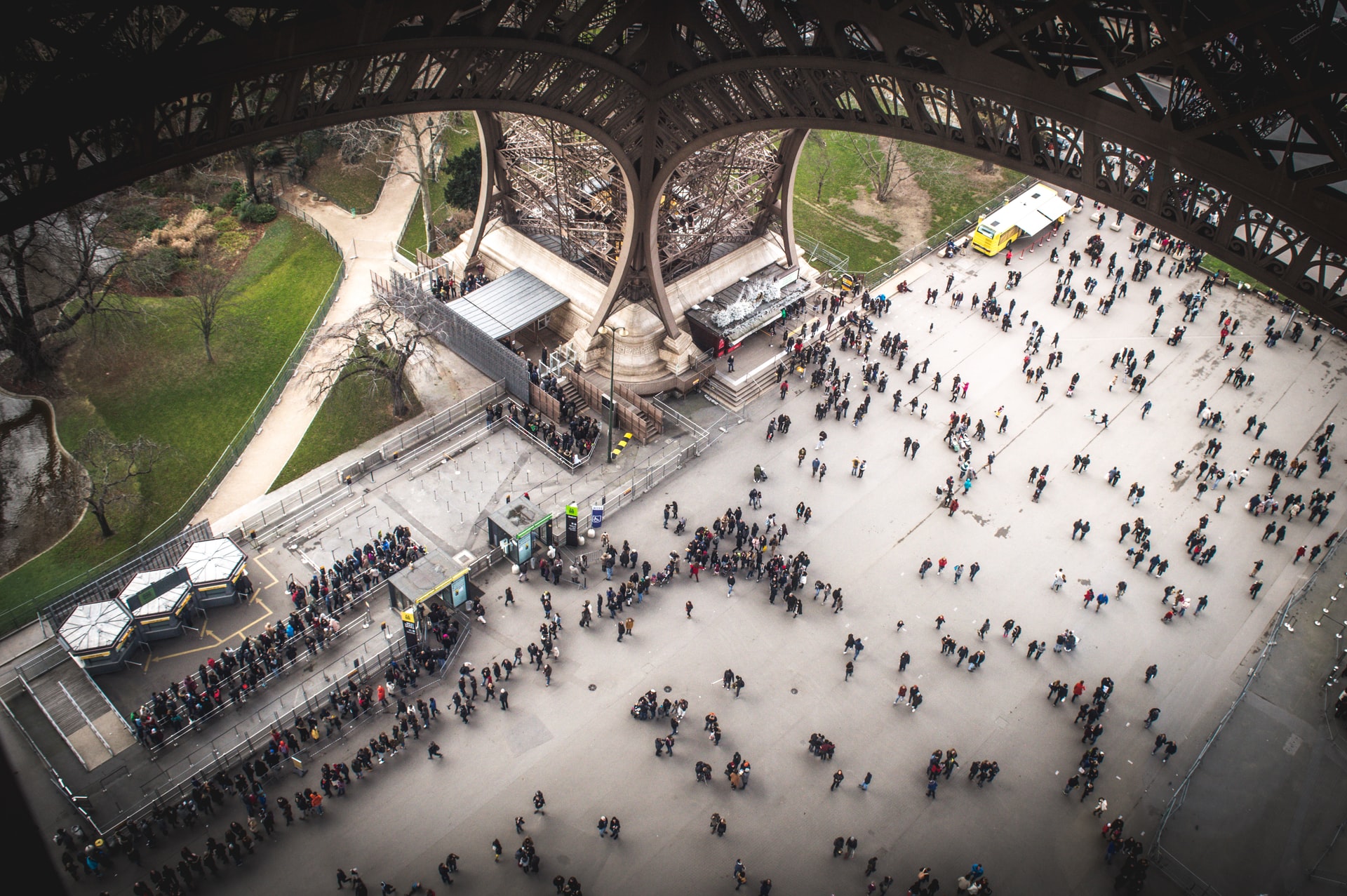 View of the forecourt below the Eiffel Tower from the first floor